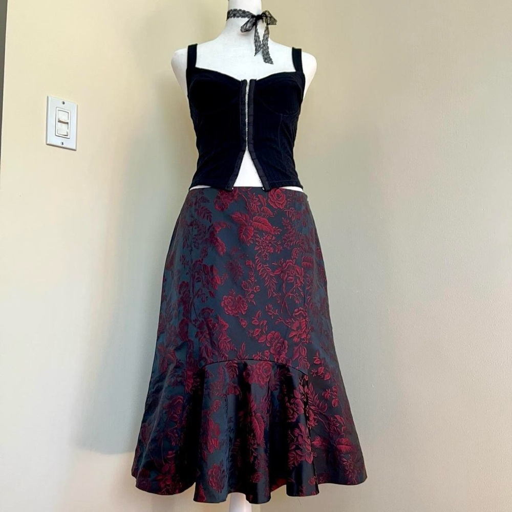Vintage Y2K Satin Floral Brocade Midi Skirt Black Red Flounce Ruffle Goth M 8